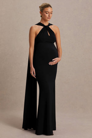 Lyra | Vestido Largo Negro de Cuello Halter Cruzado y Capa