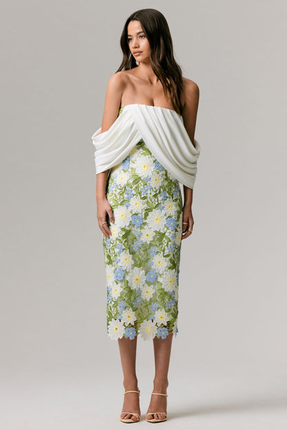 Entitled | Vestido Midi con Estampado Floral Crema y Escote Bardot con Detalles de Encaje