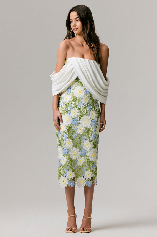 Entitled | Vestido Midi con Estampado Floral Crema y Escote Bardot con Detalles de Encaje