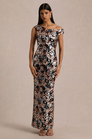 Electric | Vestido Largo de Terciopelo Negro con Lentejuelas Florales y Escote Asimétrico