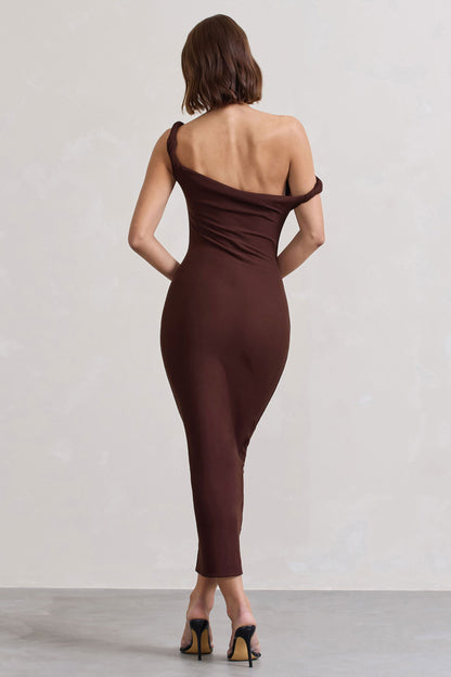 Salome | Vestido midi en marrón chocolate con escote asimétrico retorcido