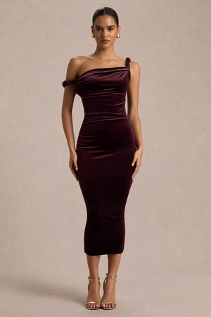 Carella | Vestido Midi Asimétrico de Terciopelo Burdeos con Detalle Retorcido