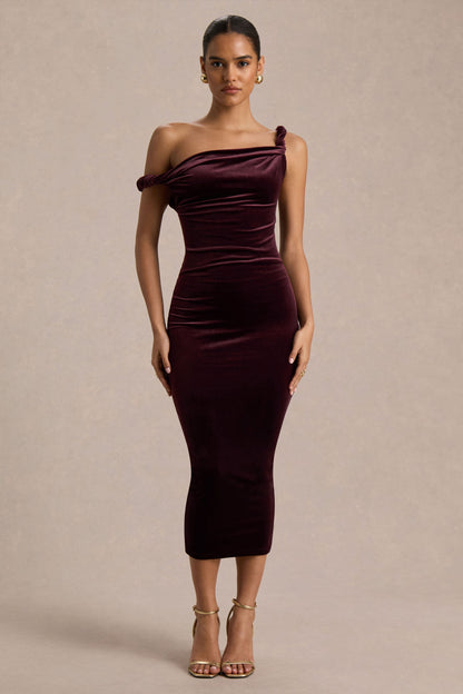 Carella | Vestido Midi Asimétrico de Terciopelo Burdeos con Detalle Retorcido