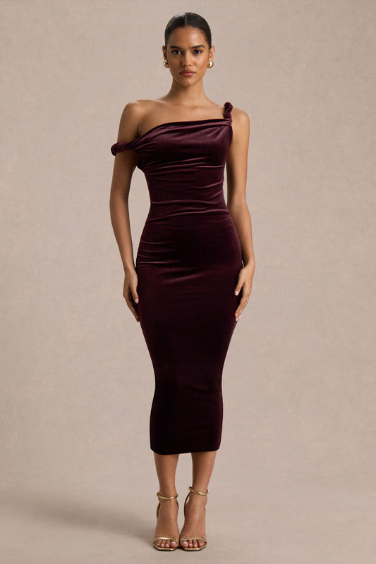 Carella | Vestido Midi Asimétrico de Terciopelo Burdeos con Detalle Retorcido