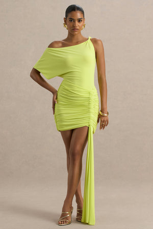 Marci | Vestido corto en Verde Lima Asimétrico Fruncido con Fajín