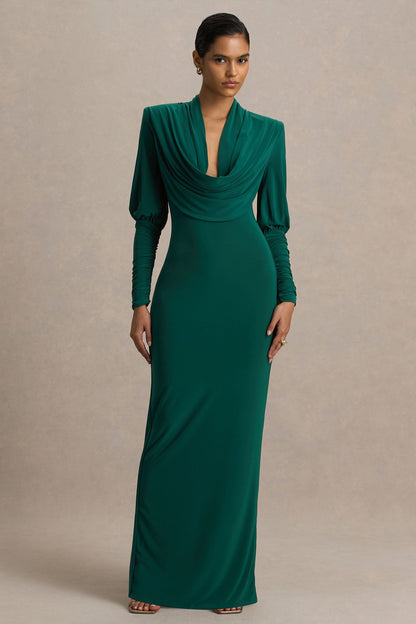 Kaylee | Vestido largo verde botella con mangas largas y escote pronunciado