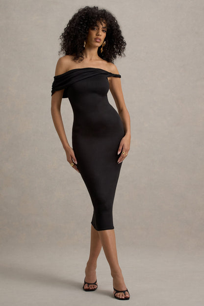 Skye | Vestido midi negro entallado con escote bardot