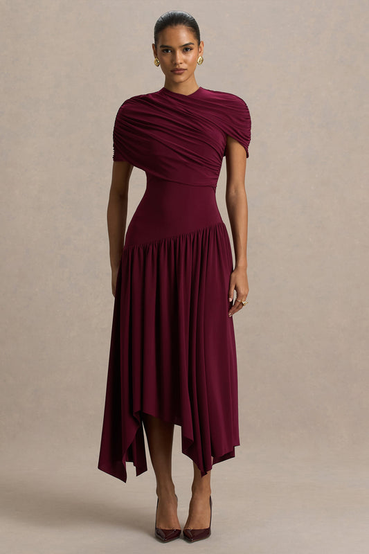 Ione | Vestido Largo Cruzado Burdeos con Dobladillo tipo Pañuelo