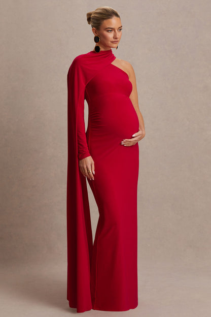 Tessy | Vestido Largo Rojo con Escote Asimétrico y Manga Capa