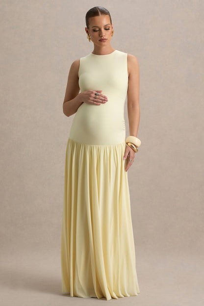 Outline | Vestido largo premamá en amarillo limón con Escote con abertura y Falda Drapeada