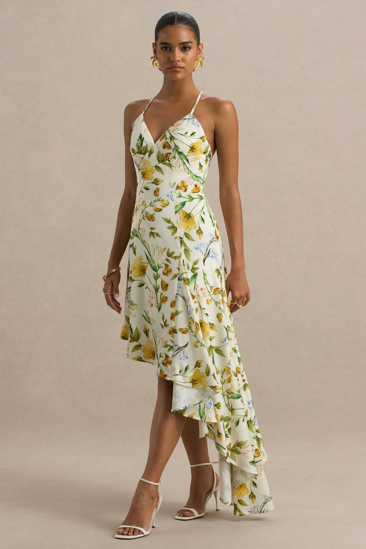 Glint | Vestido largo de Satén con Estampado floral Blanco y Dobladillo Asimétrico