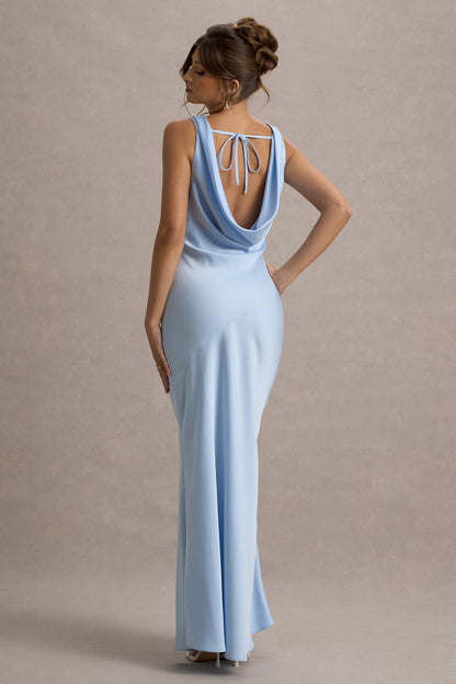 Alesso | Vestido Lencero largo satinado azul cielo con escote drapeado