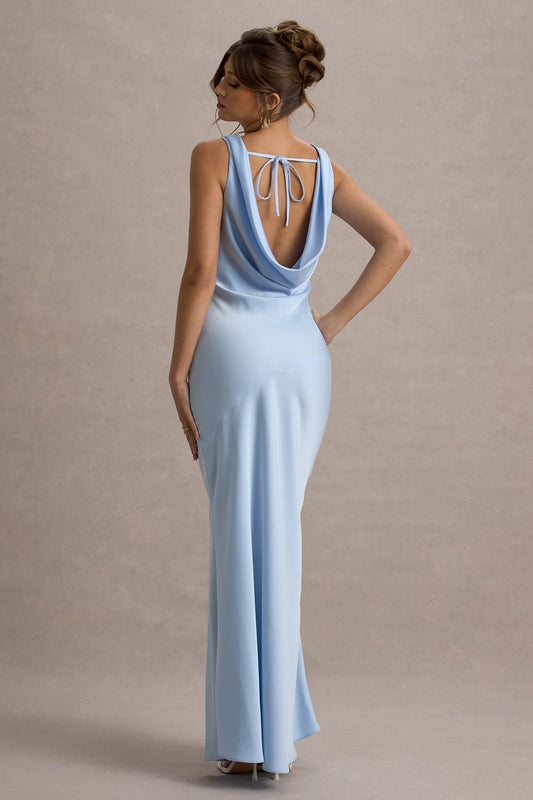 Alesso | Vestido Lencero largo satinado azul cielo con escote drapeado