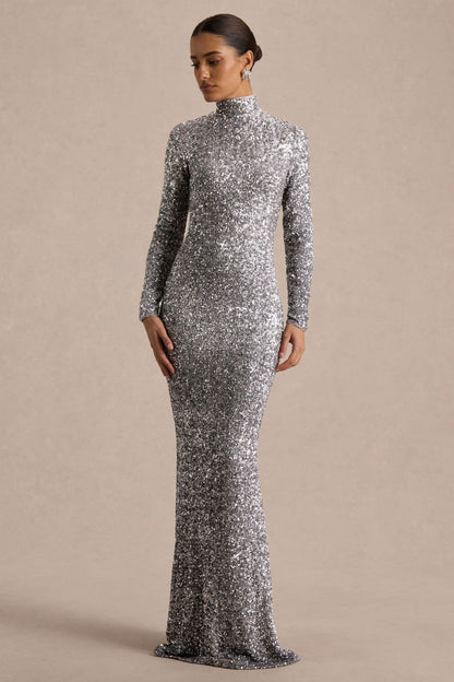 Galaxy | Vestido Largo Plateado de Lentejuelas con Cuello Cisne y Mangas Largas