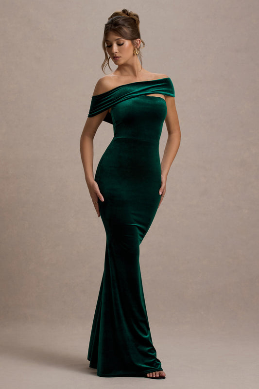 Candela |Vestido largo de Terciopelo verde botella con Escote Bardot Asimétrico
