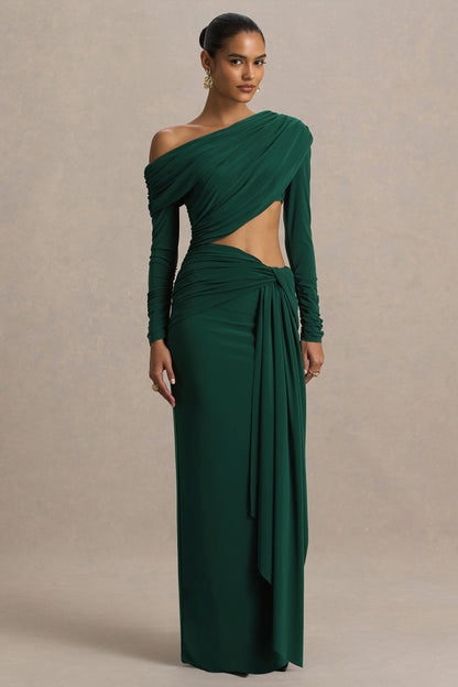 Mikayla | Vestido Largo Verde Oscuro De Escote Asimétrico Con Falda Cruzada Y Recorte