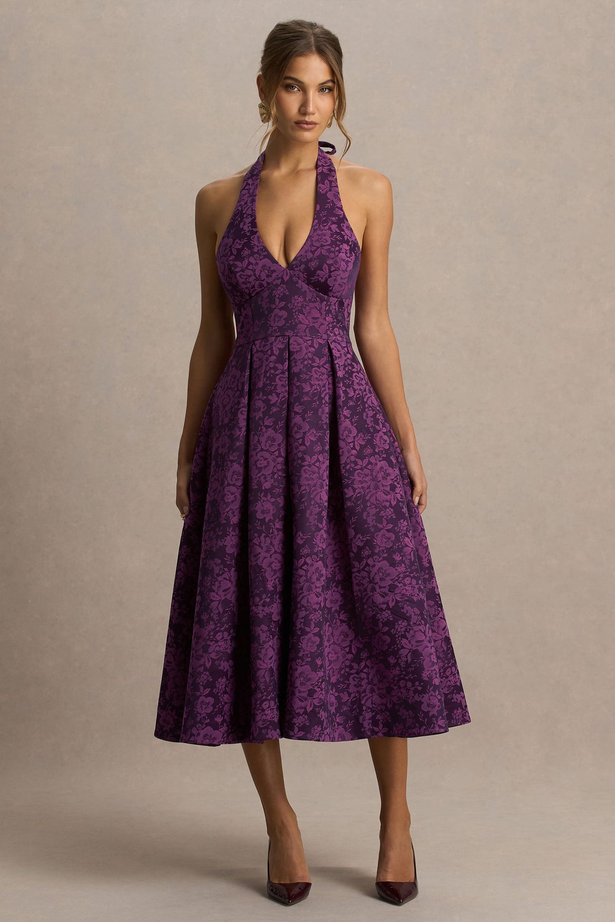 Isabeau | Vestido Midi Morado de Satén con Escote Pronunciado