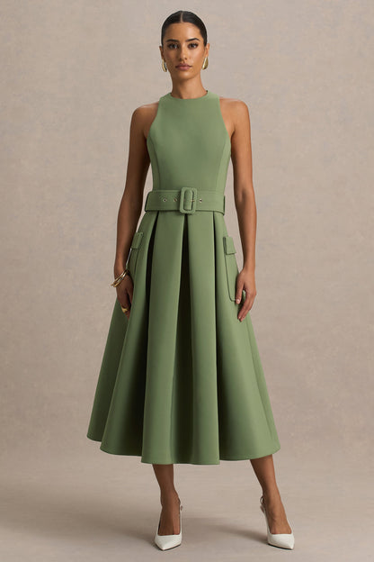 Elisia | Vestido Midi Verde Oliva con Escote Redondo y Cinturón