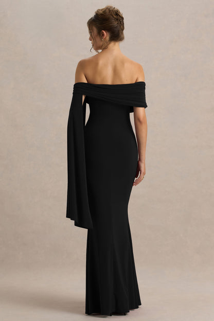 Saffina | Vestido Largo Negro con Escote Bardot y Detalle de Fajín