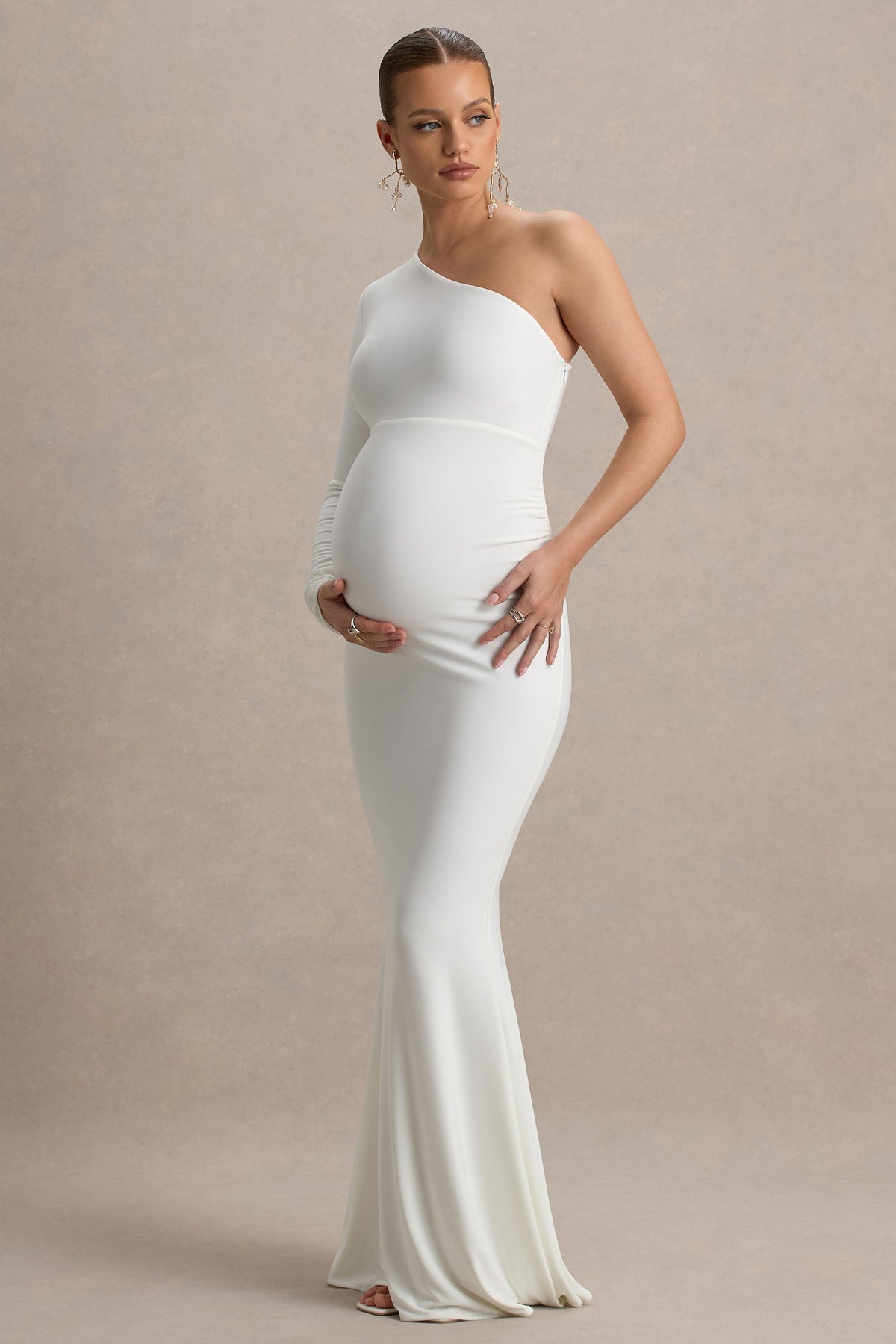 Heloise | Vestido largo de premamá en Blanco Asimétrico de Una Manga