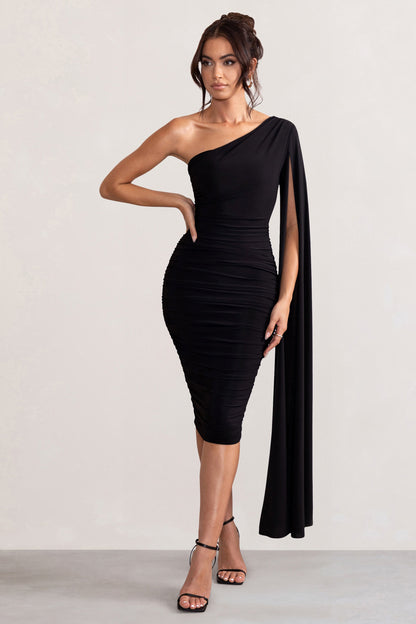 Yara | Vestido midi negro con capa asimétrico y con frunces