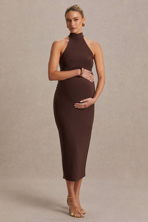 Mireille | Vestido Midi Premamá Marrón con Escote Halter