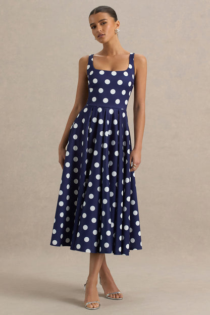 Berta | Vestido midi azul marino con lunares balanco y falda con volumen