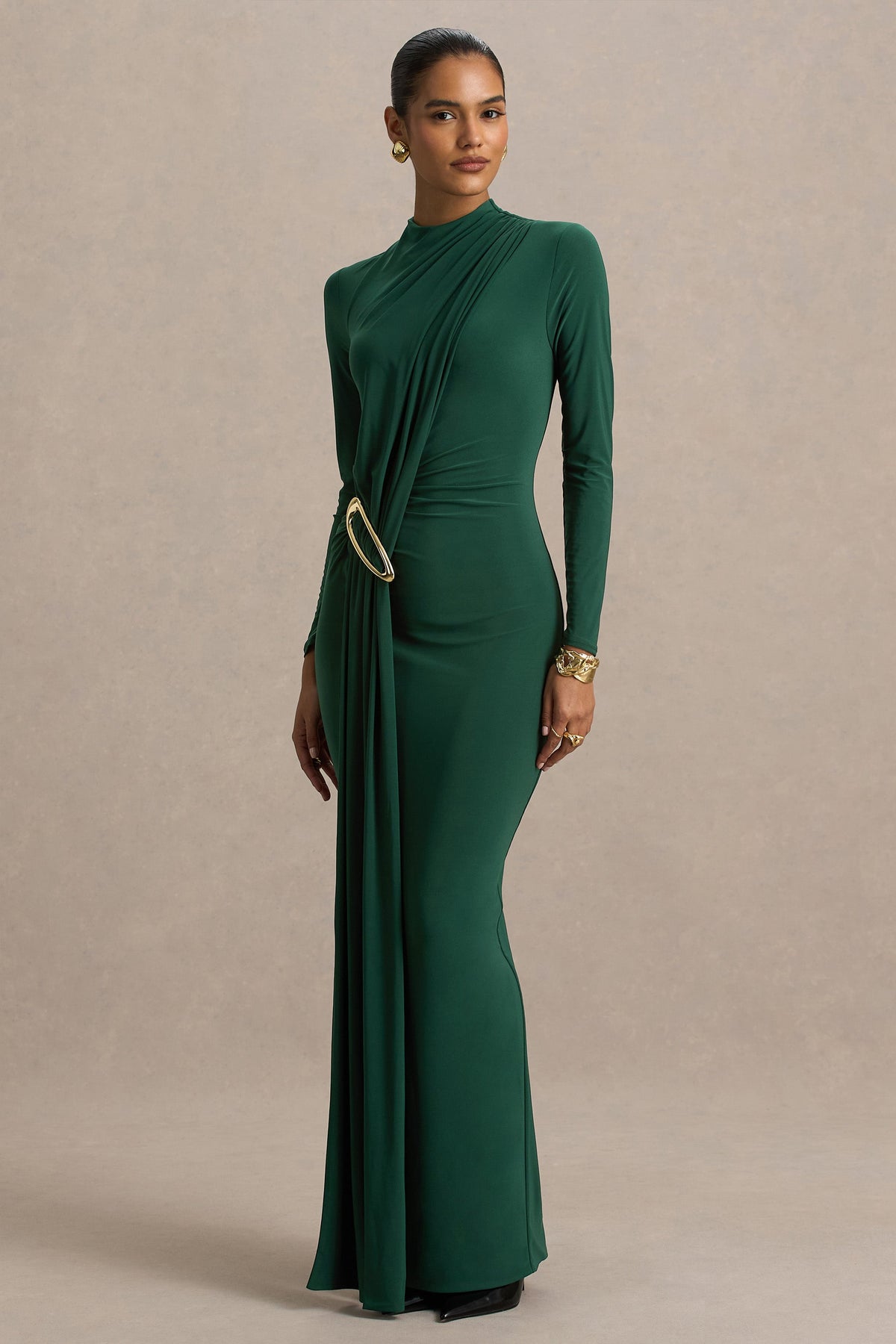 Zadie | Vestido Largo verde azulado de cuello alto con detalle fruncido