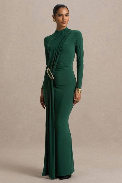 Zadie | Vestido Largo verde azulado de cuello alto con detalle fruncido