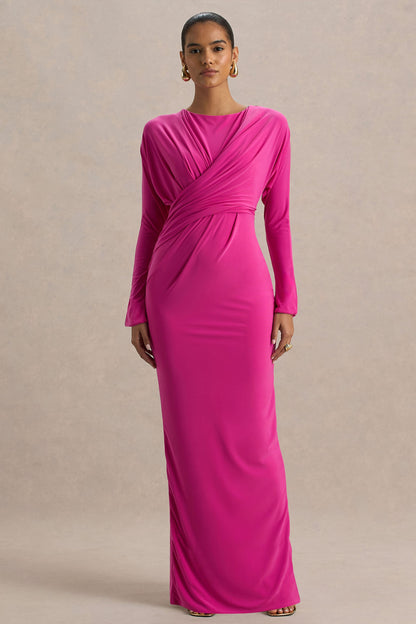 Regina | Vestido Largo Rosa Fucsia Regina con Escote Cortado y Drapeado