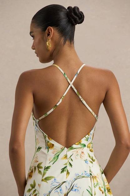 Glint | Vestido largo de Satén con Estampado floral Blanco y Dobladillo Asimétrico