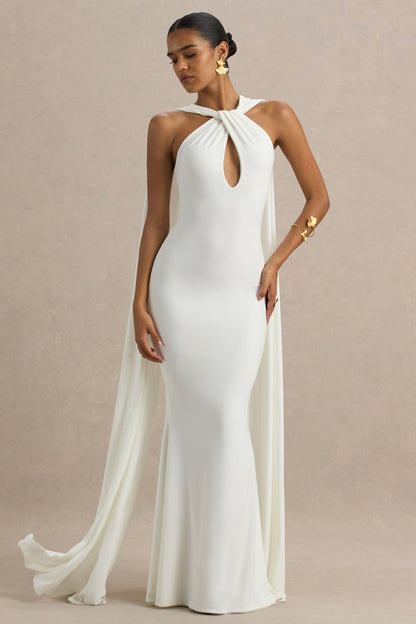 Rhoda | Vestido Largo Blanco con Cuello Halter Torcido y Capa