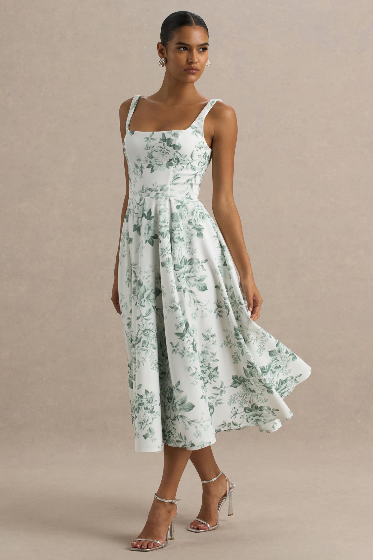 Lissa | Vestido Midi con Escote Cuadrado y Estampado Verde floral