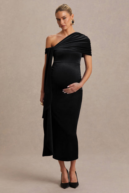 Zena | Vestido Midi Premamá de Terciopelo Negro con Escote Asimétrico y Detalle de Nudo y Fajín