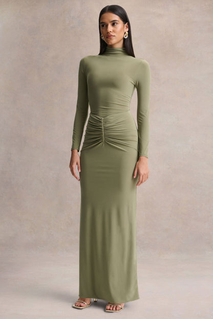 Persis | Vestido Largo Verde Oliva de Cuello Alto con Detalles Fruncidos