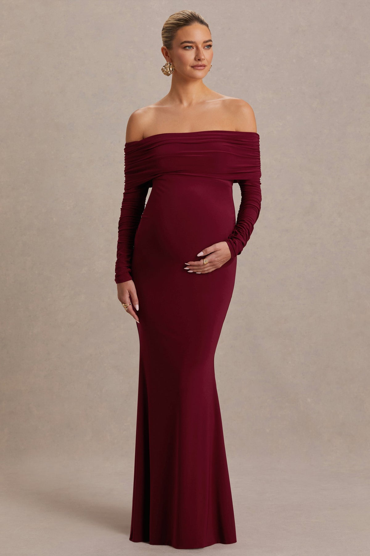 Odessa | Vestido Largo Premamá Color Baya con Escote Bardot