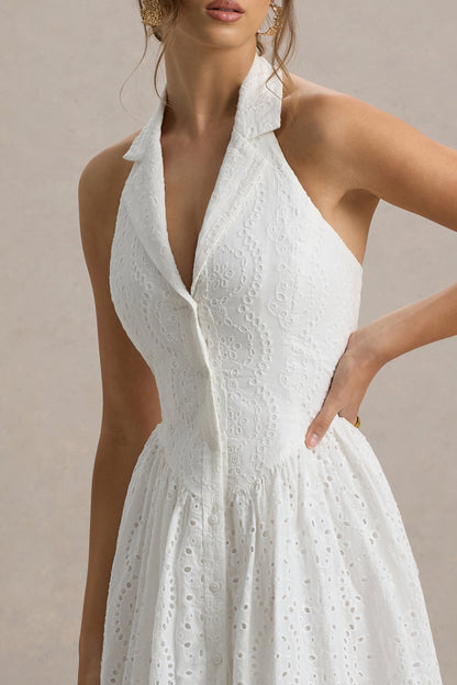 Jezebel | Vestido midi bordado blanco con escote halter