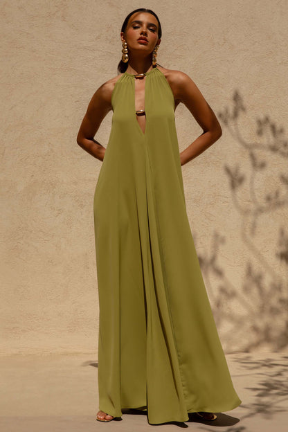 Zyon | Vestido largo con detalle de cuentas doradas en verde