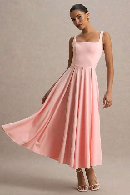 Parina | Vestido midi rosa claro con escote cuadrado y falda voluminosa