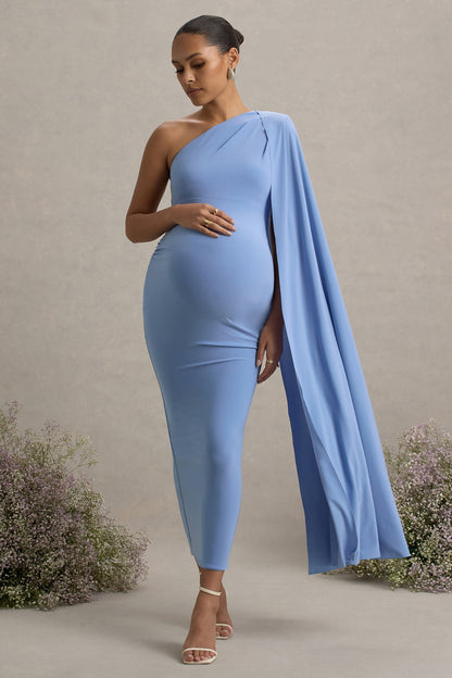 Amaryllis | Vestido Largo Celeste de premamá Asimétrico con Manga Capa