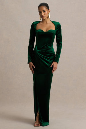 Fay | Vestido largo de Terciopelo Verde Botella con Nudo y Estilo Corsé