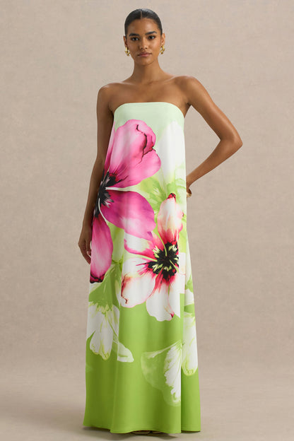Ellery | Vestido largo estilo bandeau con estampado floral en color lima.