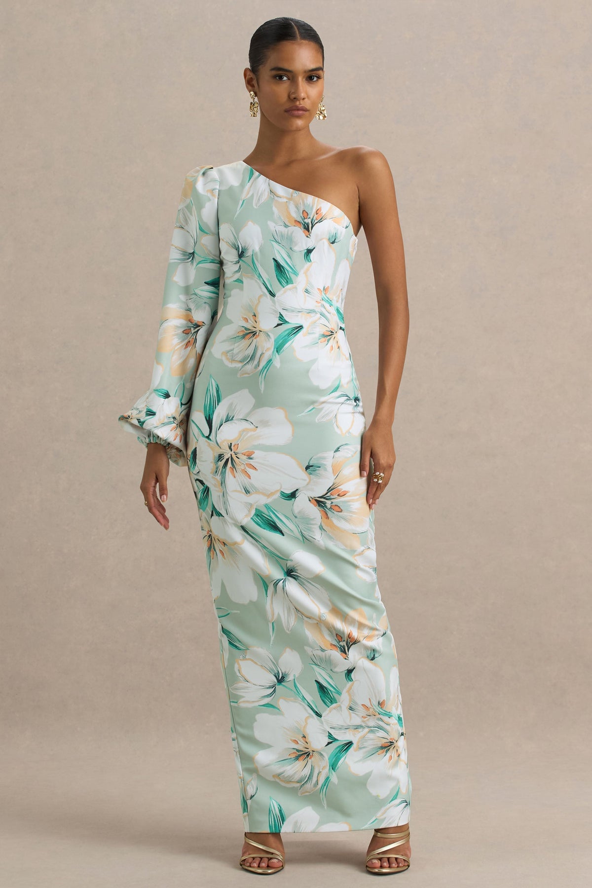 Kellis | Vestido largo Asimétrico con Manga Abullonada en Estampado Floral Verde