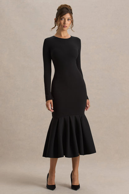 Liberty | Vestido midi negro con mangas largas y bajo con volante
