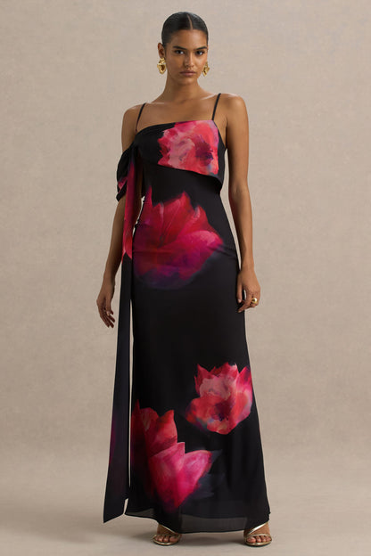 Leonara | Vestido largo con detalle de flor rojizas y una manga drapeada