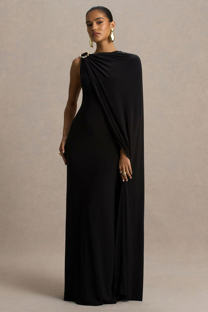 Cressida | Vestido Largo negro con escote asimétrico y manga tipo capa