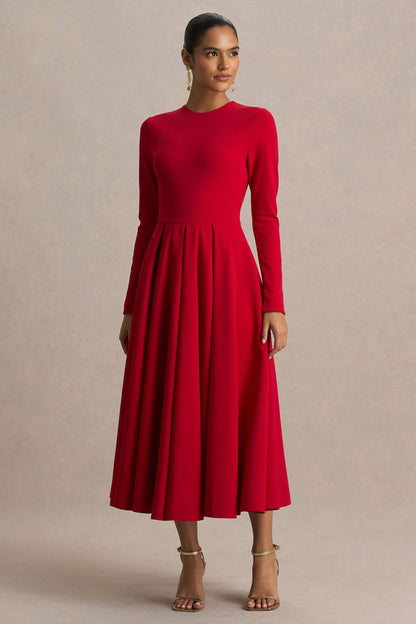 Bellamy | Vestido Midi Rojo con Escote Redondo y Mangas Largas