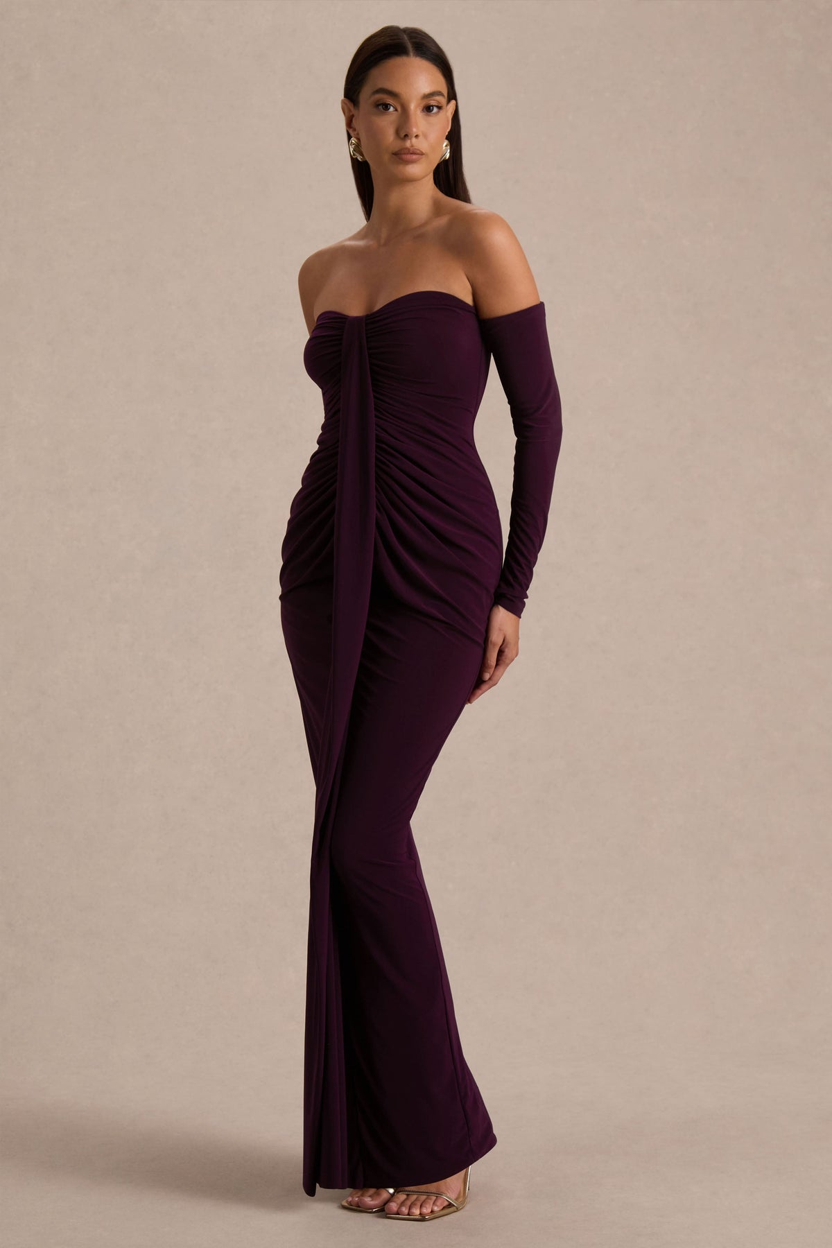 Harper | Vestido Largo Ciruela de Escote Bardot