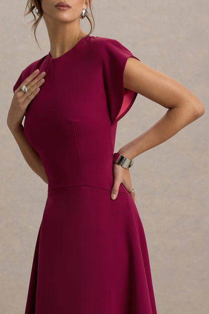 Linda | Vestido Midi Burdeos con Escote Alto y Mangas Cortas