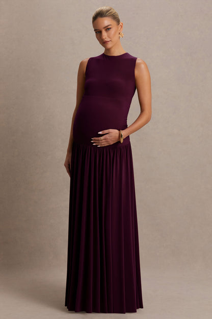 Outline | Vestido Largo Premamá Burdeos de Cuello Alto con Falda Drapeada